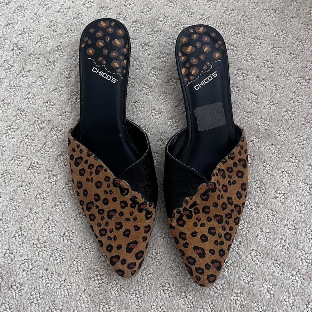Chico's brown and black leopard print kitten heel mules